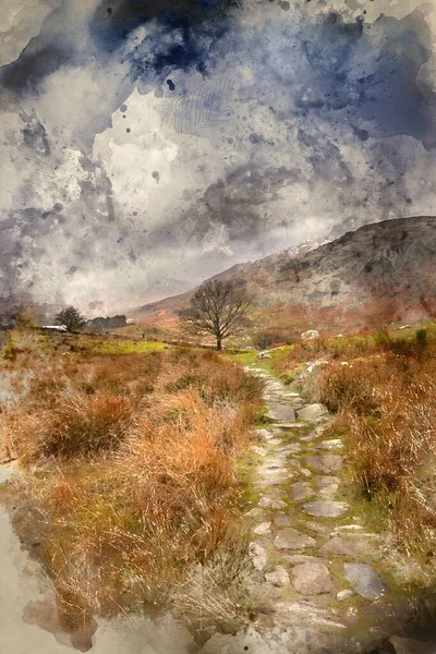 Pittura Digitale Acquerello Bella Immagine Paesaggio Invernale Guardando Lungo Valle — Foto Stock