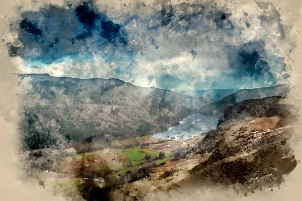 Цифровий Акварельний Живопис Пейзажного Зображення Вершини Crimpiau Llyn Crafnant Сноудонії — стокове фото