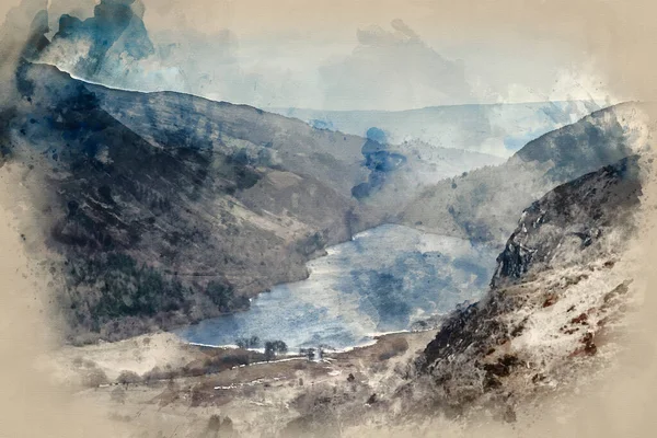 斯诺多尼亚从Crimpiau山顶到Llyn Craπant景观图像的数字式水彩画 — 图库照片
