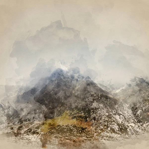 Cyfrowe Malarstwo Akwarelowe Oszałamiający Nastrój Dramatyczny Zimowy Krajobraz Górski Śnieżnopokryty — Zdjęcie stockowe