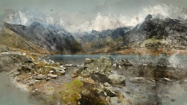 Pintura Digital Acuarela Impresionante Imagen Dramática Del Paisaje Invernal Llyn — Foto de Stock