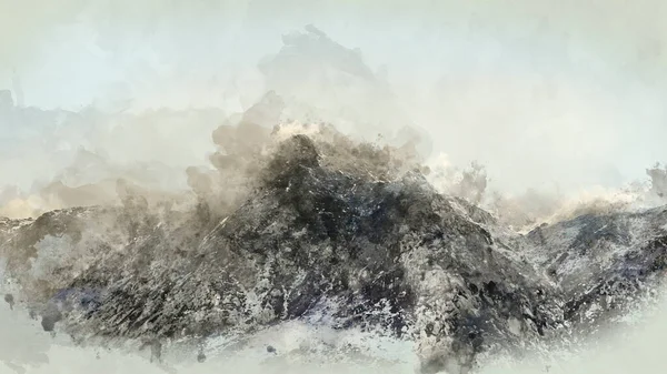 Цифровая Акварельная Живопись Потрясающего Капризного Драматического Зимнего Пейзажа Горного Изображения — стоковое фото