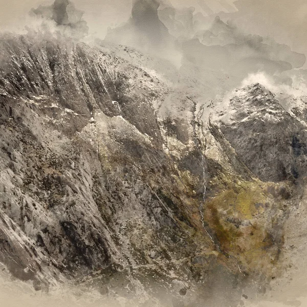 雪の見事な劇的な風景画像のデジタル水彩画雪のグライダー山脈 — ストック写真