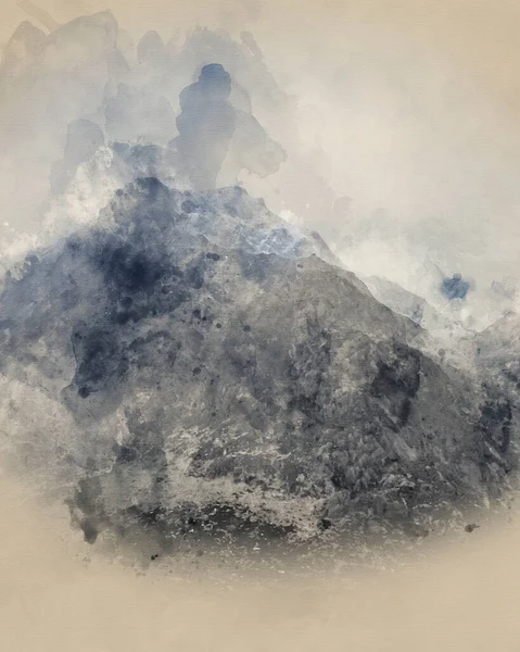 Cyfrowe Malarstwo Akwarelowe Oszałamiający Nastrój Dramatyczny Zimowy Krajobraz Górski Śnieżnopokryty — Zdjęcie stockowe