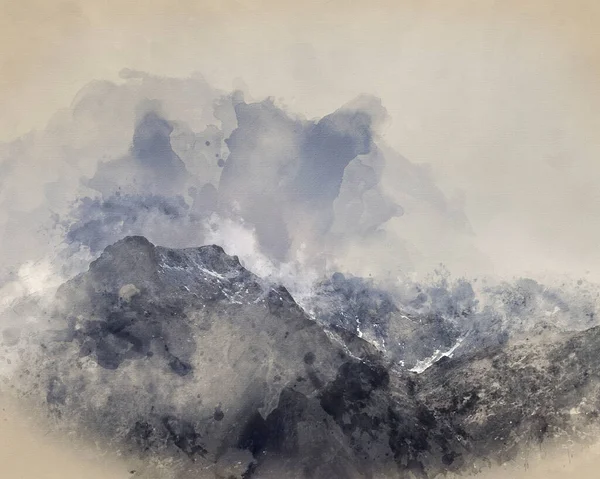 Digitale Aquarellmalerei Von Atemberaubend Launisch Dramatische Winterlandschaft Bergbild Von Schneebedeckten — Stockfoto