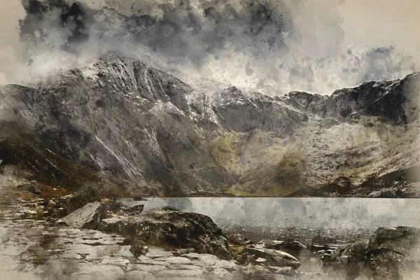 Digitale Aquarellmalerei Von Atemberaubend Dramatische Winterlandschaft Bild Von Llyn Idwal — Stockfoto