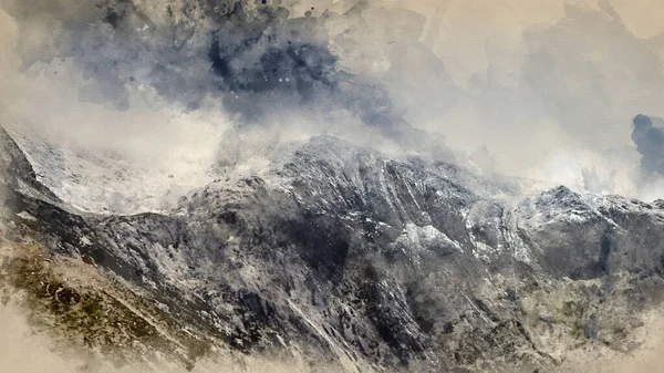 Digitale Aquarellmalerei Von Atemberaubend Dramatische Landschaft Bild Der Schneebedeckten Glyders — Stockfoto