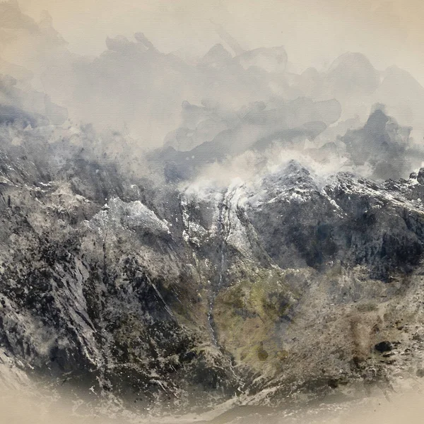 斯诺多尼亚雪帽糖果山山脉令人惊叹的戏剧性景观图像的数字水彩画 — 图库照片