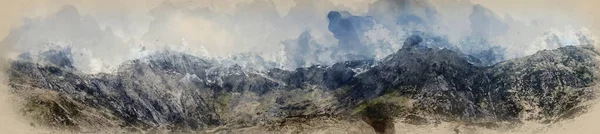 Digital watercolor painting of Stunning dramatic panorama landscape image of snowcapped Glyders mountain range in Snowdonia