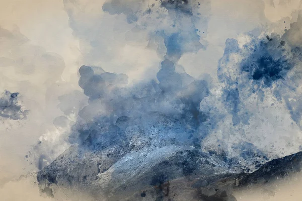 Cyfrowe Malarstwo Akwarelowe Oszałamiający Nastrój Dramatyczny Zimowy Obraz Krajobrazu Pokrytego — Zdjęcie stockowe