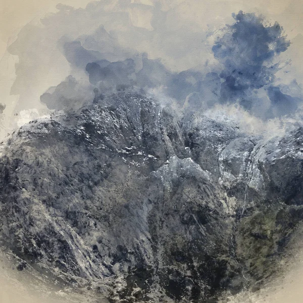 斯诺多尼亚雪帽糖果山山脉令人惊叹的戏剧性景观图像的数字水彩画 — 图库照片