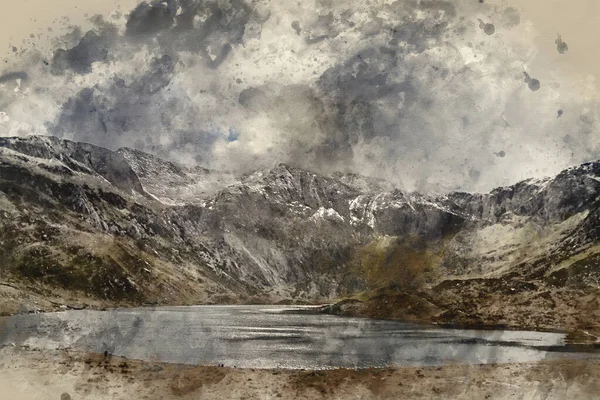Cyfrowe Malarstwo Akwarelowe Oszałamiający Dramatyczny Obraz Zimowego Krajobrazu Llyn Idwal — Zdjęcie stockowe