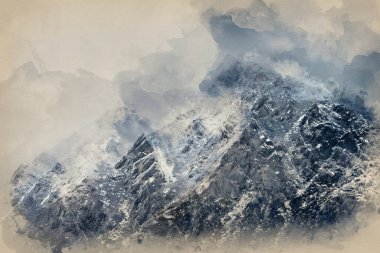 Snowdonia 'daki kar kaplı Pen Yr Ole Wen dağının göz kamaştırıcı detaylı manzara resimlerinin dijital suluboya resmi.