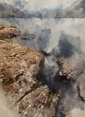 Huysuz bir bahar akşamında İngiltere 'de Wast Water' ın güzel manzara resminin dijital suluboya resmi.