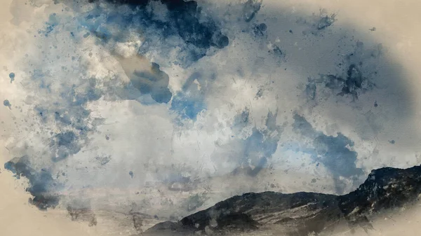 暗闇と劇的な冬の風景画のデジタル水彩画スノードニアのクリンピアウからセイボード — ストック写真