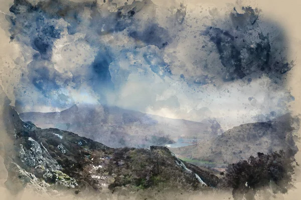 Cyfrowe Malarstwo Akwarelowe Ciemny Dramatyczny Obraz Zimowego Krajobrazu Moel Saibod — Zdjęcie stockowe