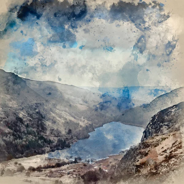 風景画のデジタル水彩画クリンピアウのピークからスノードニアのリンリン工芸品への眺め — ストック写真