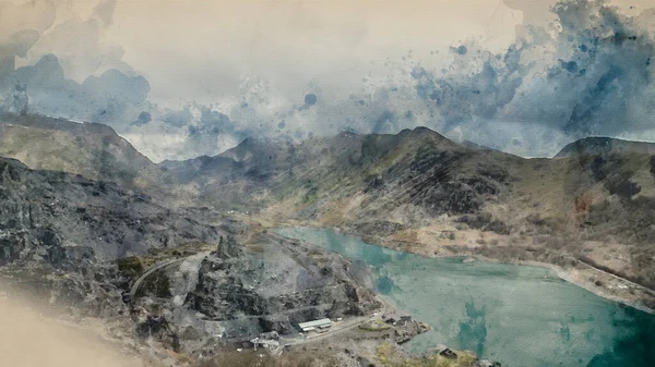 Цифровая Акварельная Живопись Потрясающего Пейзажа Шахты Dinorwig Slate Mine Заснеженной — стоковое фото