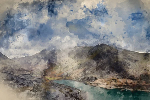 Digital Watercolor Painting Stunning Landscape Image Dinorwig Slate Mine Snowcapped — Stock Photo, Image
