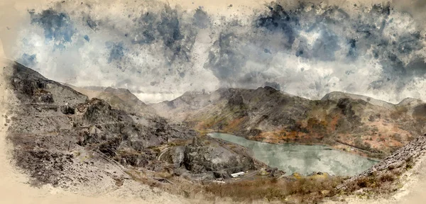 Digitální Akvarel Obraz Ohromující Krajiny Dinorwig Břidlicový Důl Zasněžené Snowdon — Stock fotografie