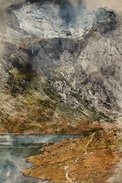 Digitale Aquarellmalerei Von Atemberaubend Dramatische Winterlandschaft Bild Von Llyn Idwal — Stockfoto