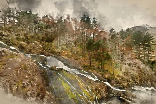 奥格温河与瀑布冬季美景的数字水彩画 — 图库照片