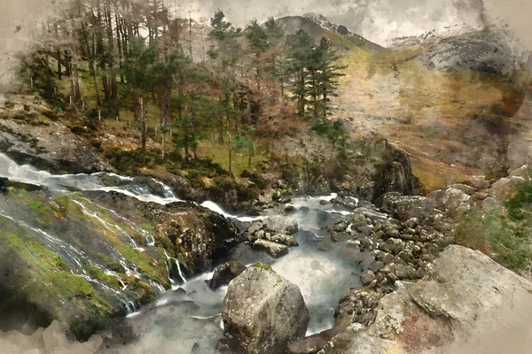 Digitální Akvarel Obraz Krásné Krajiny Obrazu Řeky Ogwen Valley Vodopády — Stock fotografie