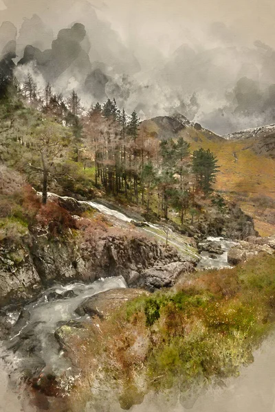 Pintura Aquarela Digital Bela Imagem Paisagem Rio Ogwen Valley Cachoeiras — Fotografia de Stock