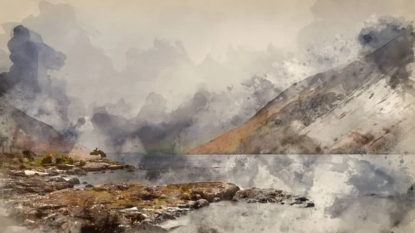 Digital Watercolour Painting Beautiful Landscape Image Wast Water Lake District — Stock Photo, Image
