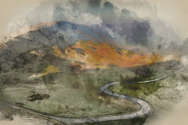Digital Watercolour Painting Scenic Road Winds Its Way Edale Valley — Stock Photo, Image