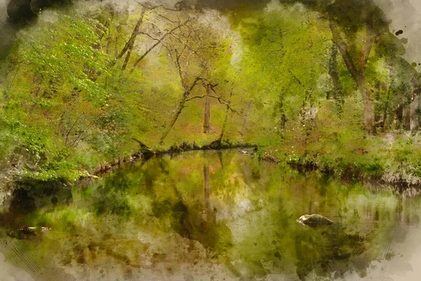 英格兰滨江美丽春天风景画的数字水彩画 — 图库照片