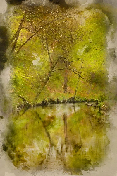 英国の美しい春の風景画のデジタル水彩画 River Teign — ストック写真