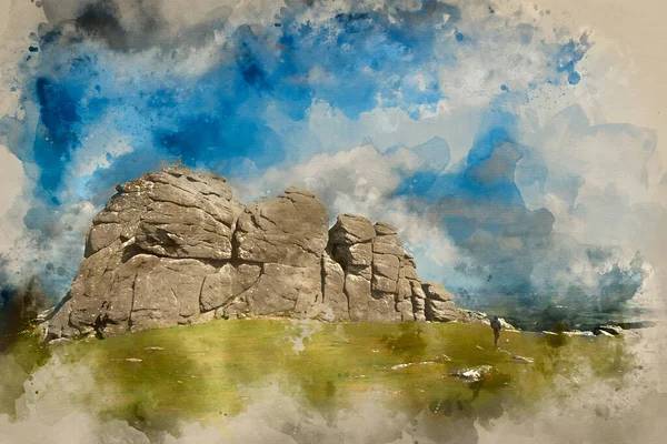 Cyfrowy Obraz Akwarelowy Pięknego Wiosennego Krajobrazu Haytora Parku Narodowym Dartmoor — Zdjęcie stockowe