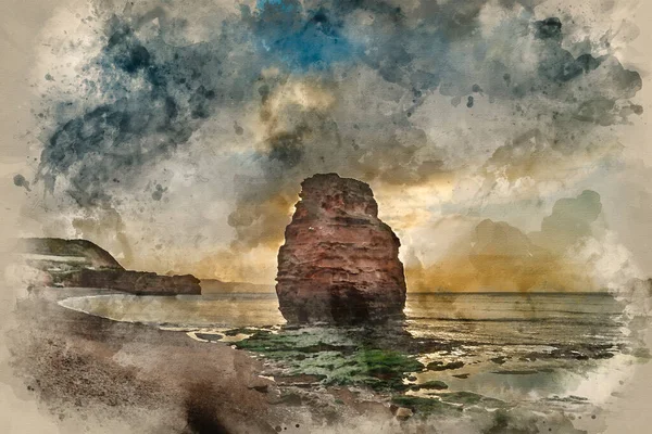 Digitális Akvarell Festmény Gyönyörű Napfelkelte Táj Kép Ladram Bay Strand — Stock Fotó