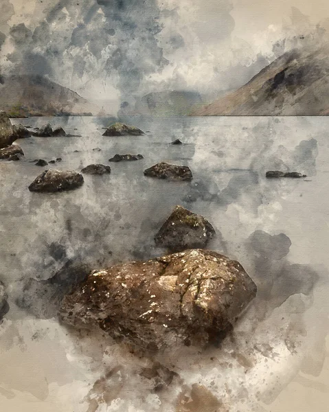 Cyfrowe Malowanie Akwarelami Wast Water Lake District Podczas Humorzastego Wiosennego — Zdjęcie stockowe