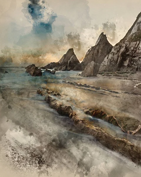 데본에 아름다운 풍경을 디지털 들쭉날쭉 바위들 해변에 놀라운 모양을 비치의 — 스톡 사진