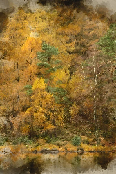 富丽堂皇的秋秋山水画 金黄色反映在湖中的布丽堂皇山水彩画 — 图库照片