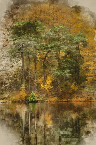 見事な鮮やかな秋の秋の風景のデジタル水彩画湖に反映黄金の色とブルーターンのイメージ — ストック写真