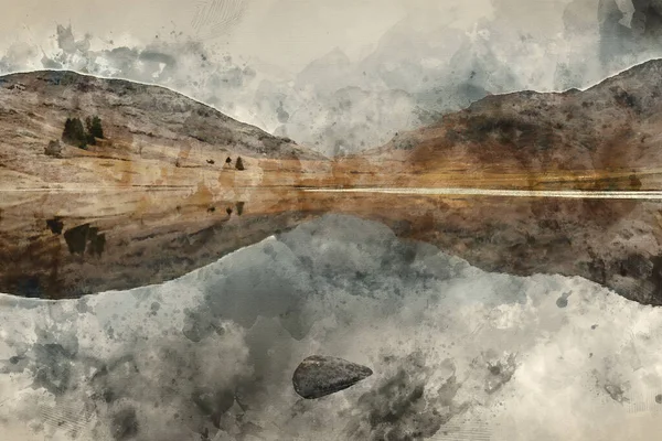 富丽堂皇的秋秋山水画 金黄色反映在湖中的布丽堂皇山水彩画 — 图库照片