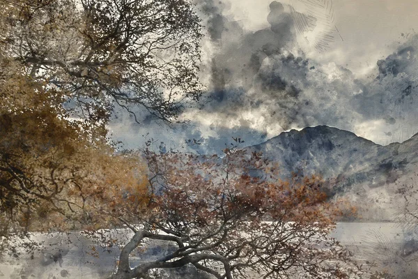 見事な壮大な秋の風景のデジタル水彩画丘や山を渡って再生美しい早朝の日差しと湖地区の蝶 — ストック写真