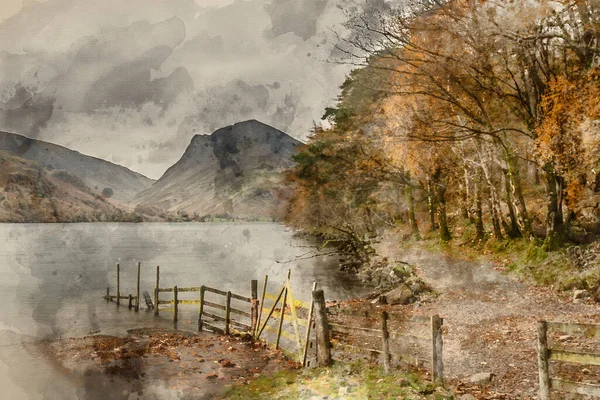 Digitale Aquarellmalerei Von Schönen Herbst Landschaft Bild Von Buttermere Während — Stockfoto