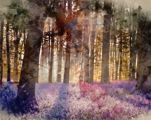 Pittura Digitale Acquerello Epica Primavera Immagine Paesaggio Vibrante Fiori Bluebell — Foto Stock
