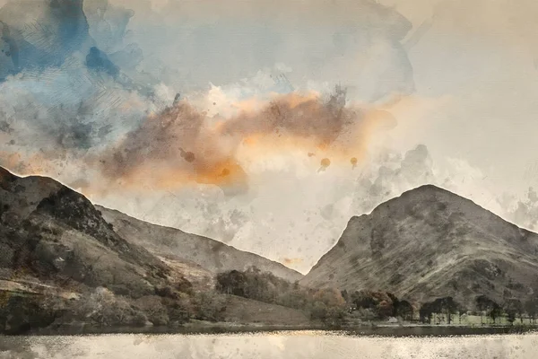 Digitale Aquarellmalerei Von Atemberaubenden Epischen Herbst Landschaft Buttermere Lake District — Stockfoto