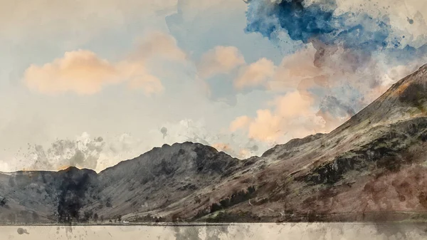 Digital Watercolor Painting Stunning Epic Autumn Fall Landscape Buttermere Lake — Stock Photo, Image