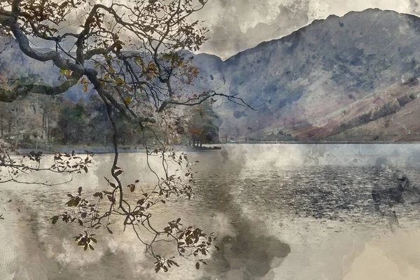 Aquarelle Numérique Superbe Paysage Automne Épique Buttermere Dans Lake District — Photo