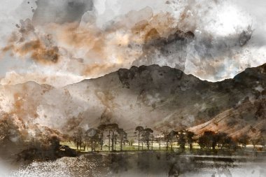 Göz kamaştırıcı sonbahar manzarasının dijital suluboya tablosu Lake District 'te Buttermere' de sabah erken saatlerde dağlarda ve tepelerde oynayan güzel güneş ışığıyla