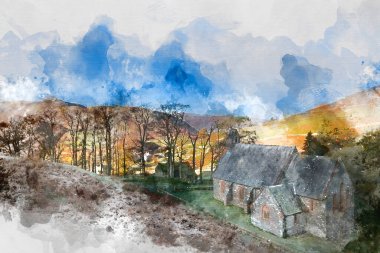 Güz Sonbaharı 'nın dijital suluboya tablosu. Lake District' teki terk edilmiş eski kilisenin resmi. Arka planda Sleet Fell var.