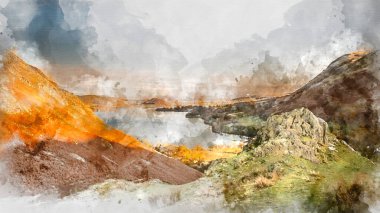 Ullswater 'ın Epic Autumn manzarasının dijital suluboya resmi ve Hallin' den izlenen dağların ve tepelerin çevresi soğuk bir sabah sersemletici bir güneşle yamaçlara çarpıyor.