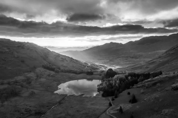 Black White Epic Aerial Drone Landscape Image Sunrise Blea Tarn — Φωτογραφία Αρχείου