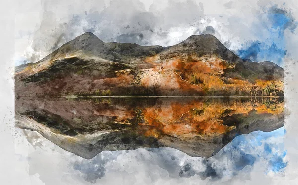 Digital Watercolor Painting Stunning Epic Autumn Fall Landscape Buttermere Lake — Stock Photo, Image